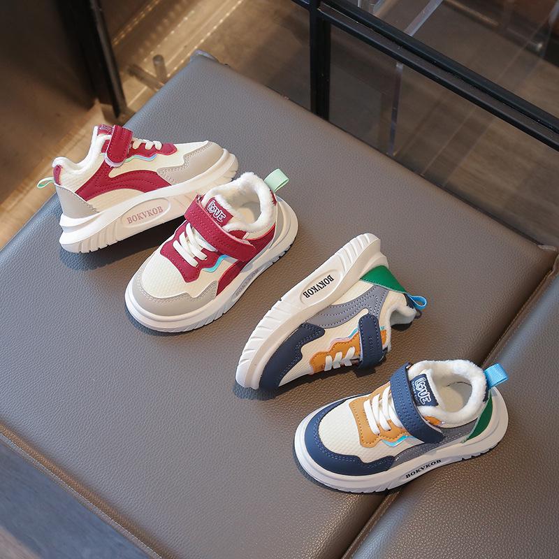 2025 Winter New Leather Boys' & Girls' Velvet-Lined Warm Cotton Casual Sneakers