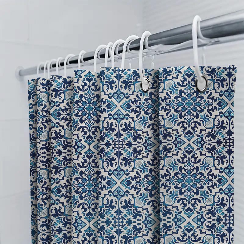 Modern Stripe Blue Shower Curtain Bath Decor For Home, Lightweight Fabric Waterproof Rod Pocket Design (Set)