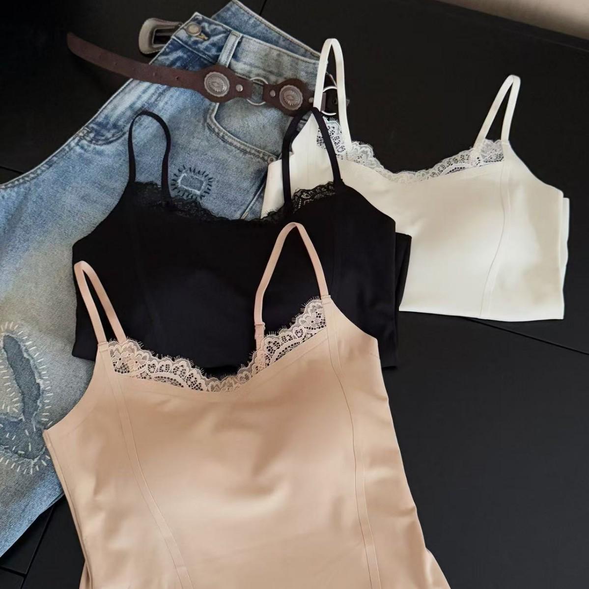 Spring/Summer French Lace Camisole Bra: Stylish Back-Slimming Versatile Top Black