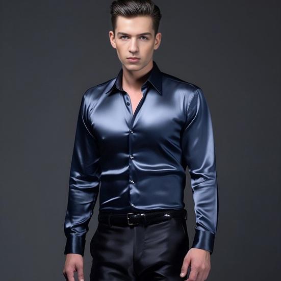 Men Shirt Lapel Long Sleeve Single Breasted Shirt Tops Pure Color Glossy Design Smooth Satin Shirt Versatile Daily Wear