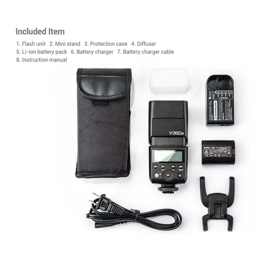 Godox Blesk V350S pro fotoaparát Sony s technologií Technical Enemy Mark, bezdrátový systém Godox TTL GN36, více než 500 záblesků na plný výkon, doba nabíjení (sekundy)