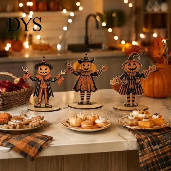 Vintage Halloween Party Supplies 3Pcs Wooden Pumpkin Scarecrow Ornaments, Table Centerpiece, Handcrafted Autumn Favors Desktop Decoration for