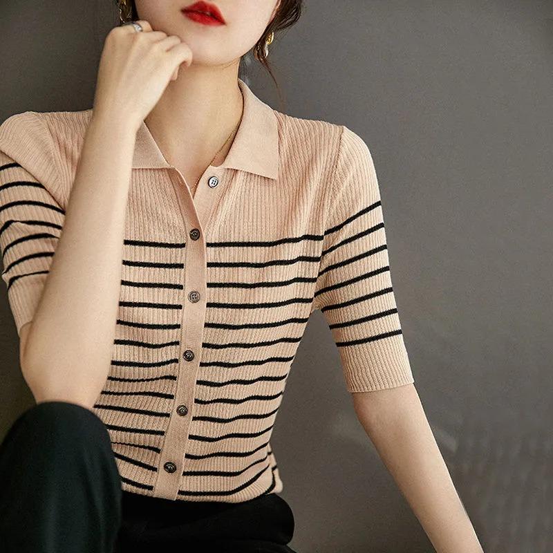 Women's Vintage CStripe Turn Down Collar Short Sleeve Knit Top