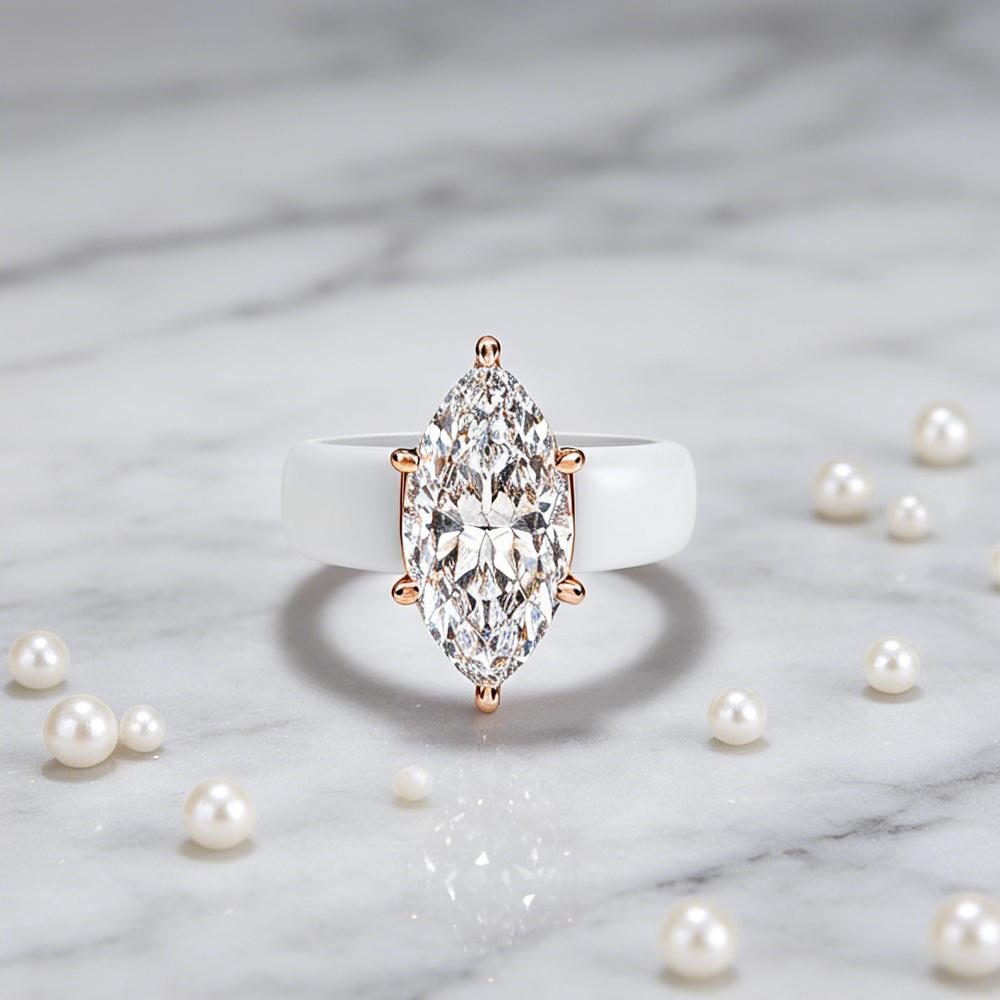 White Silicone CZ Ring for Women, Marquise Cut Cubic Zirconia with Rose Gold Prongs, Daily Wear Casual Fashion Jewelry Gift