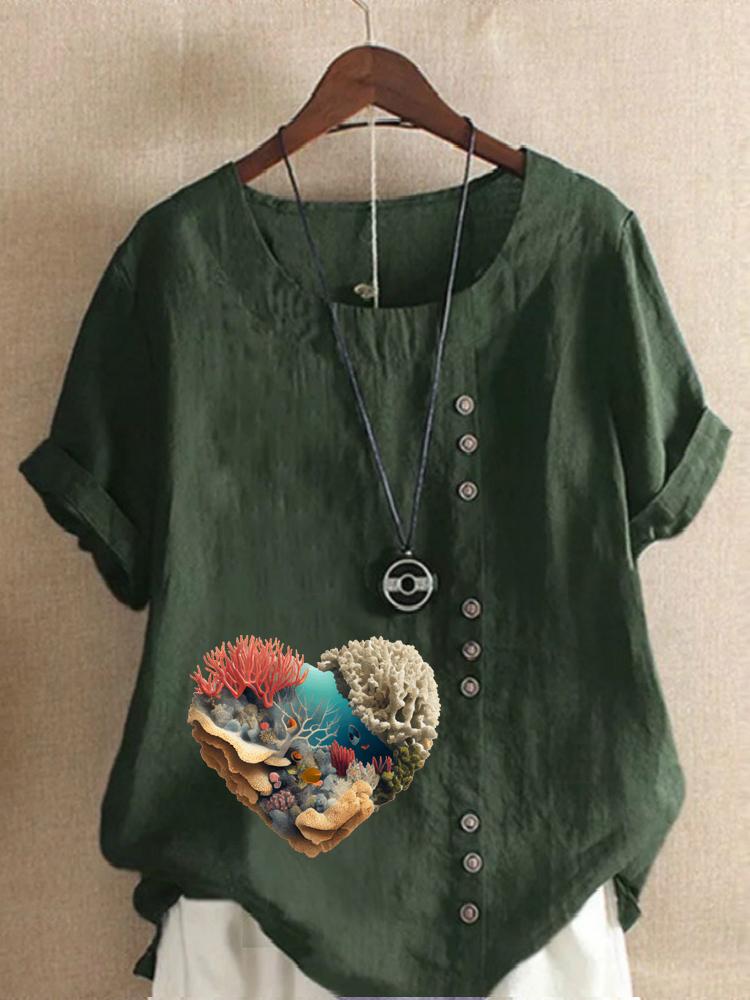 Women's Fashion Coral Heart-shaped Print Shot Sleeve T-shirt Loose Cotton Shirt Casual Loose Summer Blouse Tops Plus Size