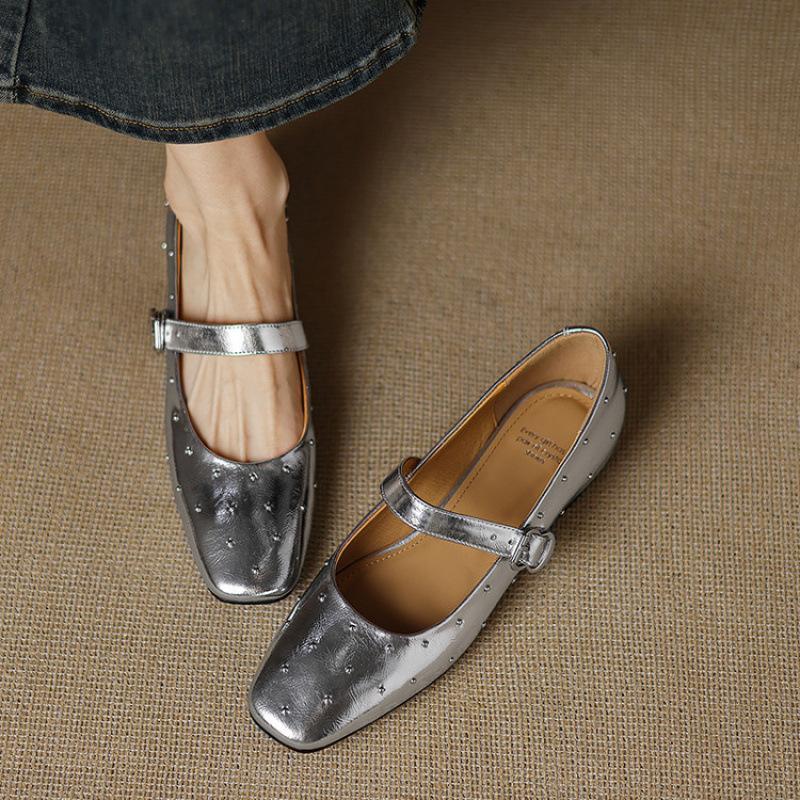 French Casual Women's Single Shoes Retro Mary Jane Shoes Spring and Summer New Versatile Light Mouth Leather Shoes Flat Heel Square Head Commuting