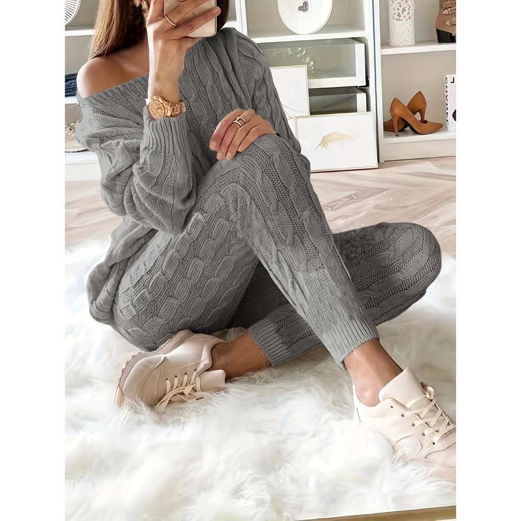 Conjunto de duas peças de malha sólida combinando, suéter casual de manga comprida e calças, roupas femininas