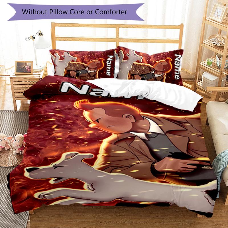 Juego de Ropa de Cama de 3 Piezas con Nombre Personalizado Las Aventuras de Tintín Cierre de Funda Nórdica Incluye 1 Funda Nórdica y 2 Fundas de Almohada para Todas las Estaciones Decoración de Dormitorio
