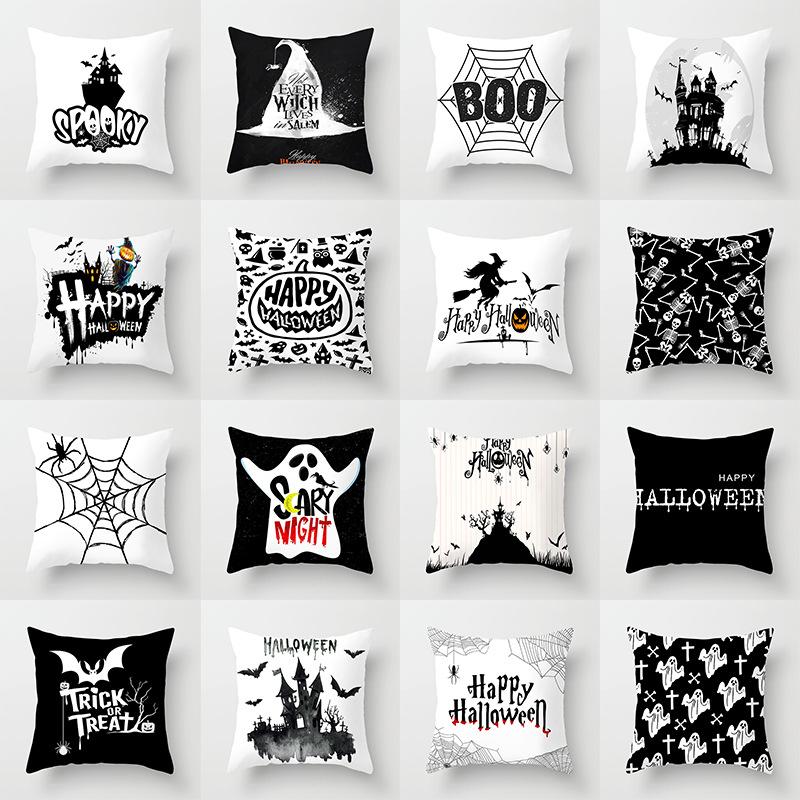New Halloween Black and White Skull Pumpkin Printed Peach Leather Velvet Pillowcase Sofa Office Cushion Cover
