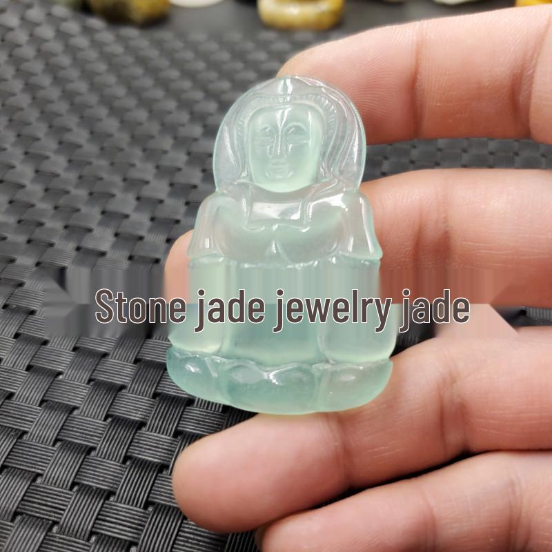 Unisex Jade Guanyin Buddha Pendant in Ice Seed Bean Green