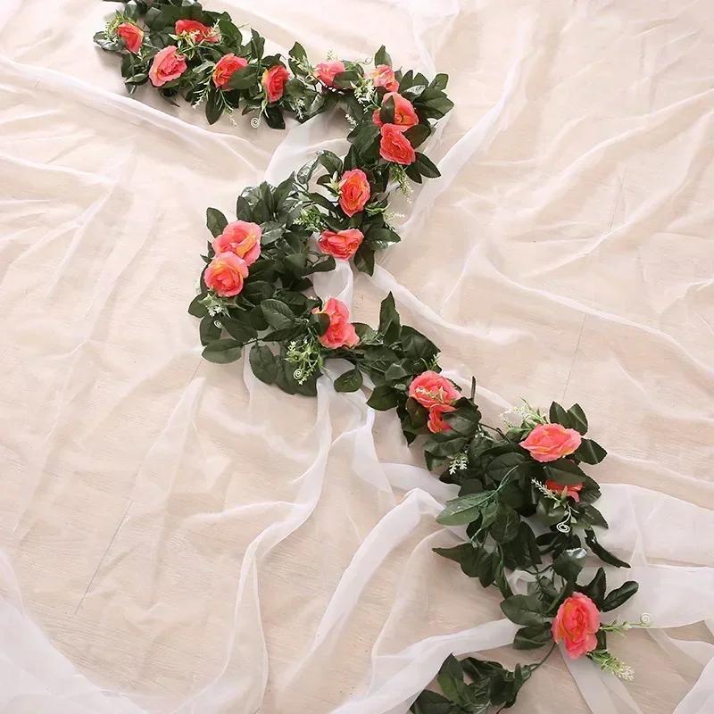 2024 Vine Hanging Silk Artificial Rose Flowers for Wall Christmas Fake Plants Leaves Garland Romantic Wedding Home Decoration