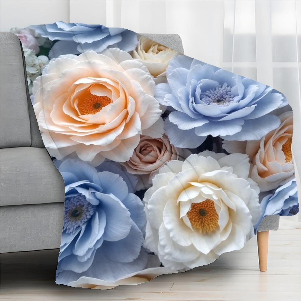 Pastel Blue & Peach Floral Soft Throw Blanket: Elegant Peony Pattern Cozy Couch Cover for Serene Home Decor