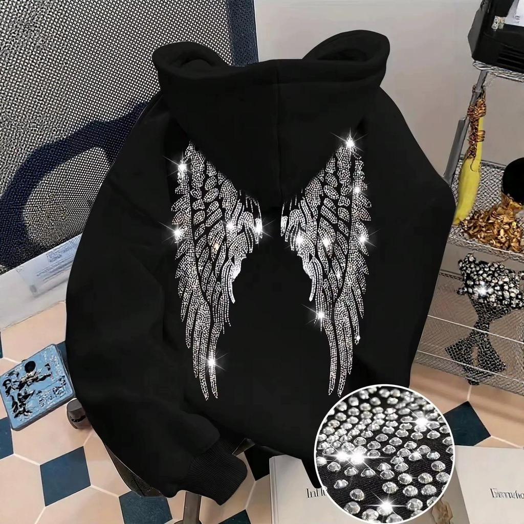 2026 Bestseller Rhinestone Wings Pullover Hoodie - Men's & Women's European Long Sleeve Style