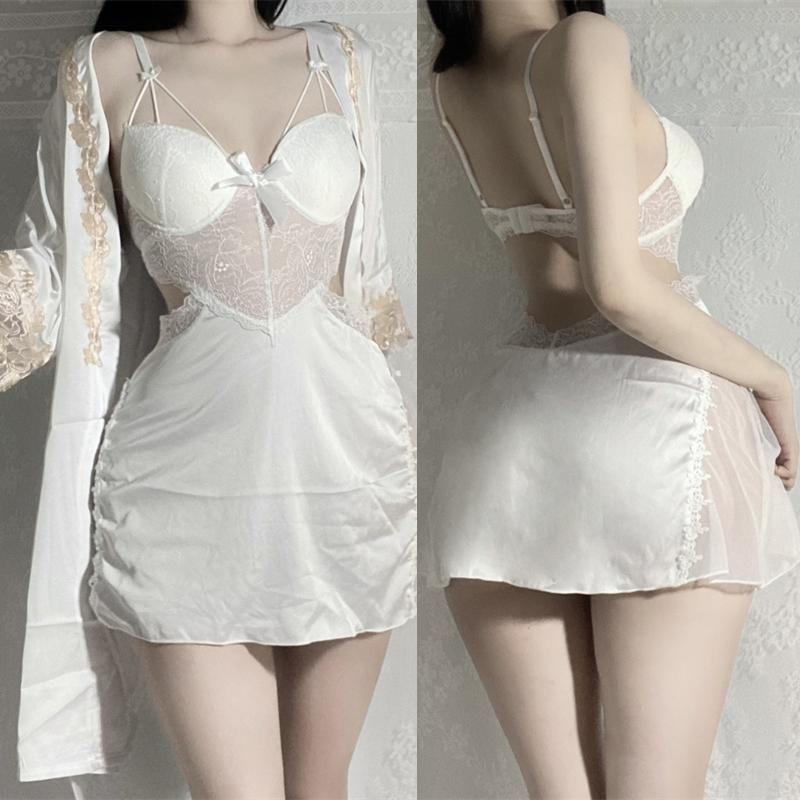 Sexy Spitze 2-teiliges Robe Pyjama Set Rückenfreies Hosenträger Nachthemd Unterwäsche Frühling Sommer Satin Pyjamas Lose Home Wear