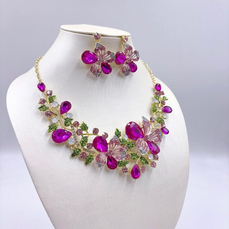 Sparkling Colorful Crystal Gemstone Necklace Earring Set Women Wedding Party Stage Accessory Floral Fashion Jewelry