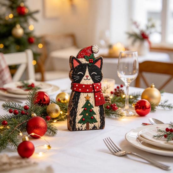 Whimsical Cat Room Decor Wooden Table Sign, Rustic Christmas Block Sign with Hat And Scarf, Retro Style Festive Ornament 2D Flat Vintage Farmhouse
