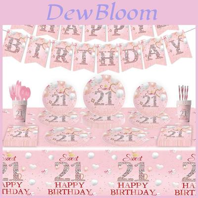Cute Pink 21st Birthday Party Supplies Disposable Tableware Set With Banner Napkins Cups Plates And Utensils