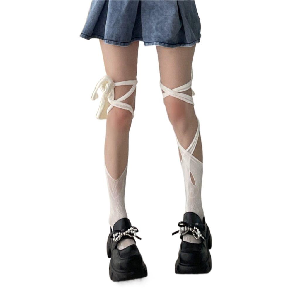 2Pairs Irregular Straps JK Lace-up Stockings Hollow Split Toe Socks  Ladies Girl