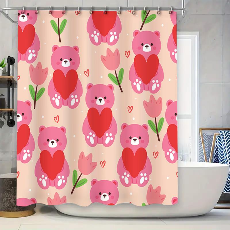 

Adorable Pink Teddy Bears Holding Red Hearts Shower Curtain For Valentine S Day Decoration In Bathrooms Set Includes 2 Panels Wi W60H190(CM)-1 Pcs