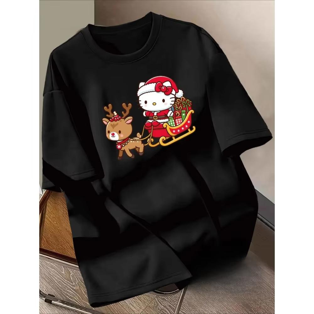 

2026 Summer Hello Kitty Christmas Sleigh Theme Printed Shortsleeved Comfortable summer loosefitting Womens clothing S