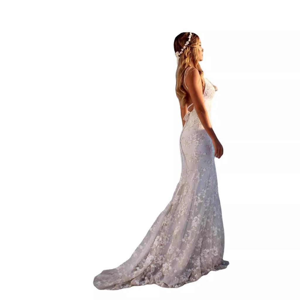 V-neck White Spaghetti Strap Evening Dress - Sexy European & American Style 2025