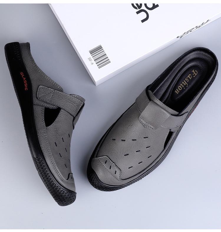 Men's Plus Size Breathable Cowhide Backless Slippers: Summer Hollow Design