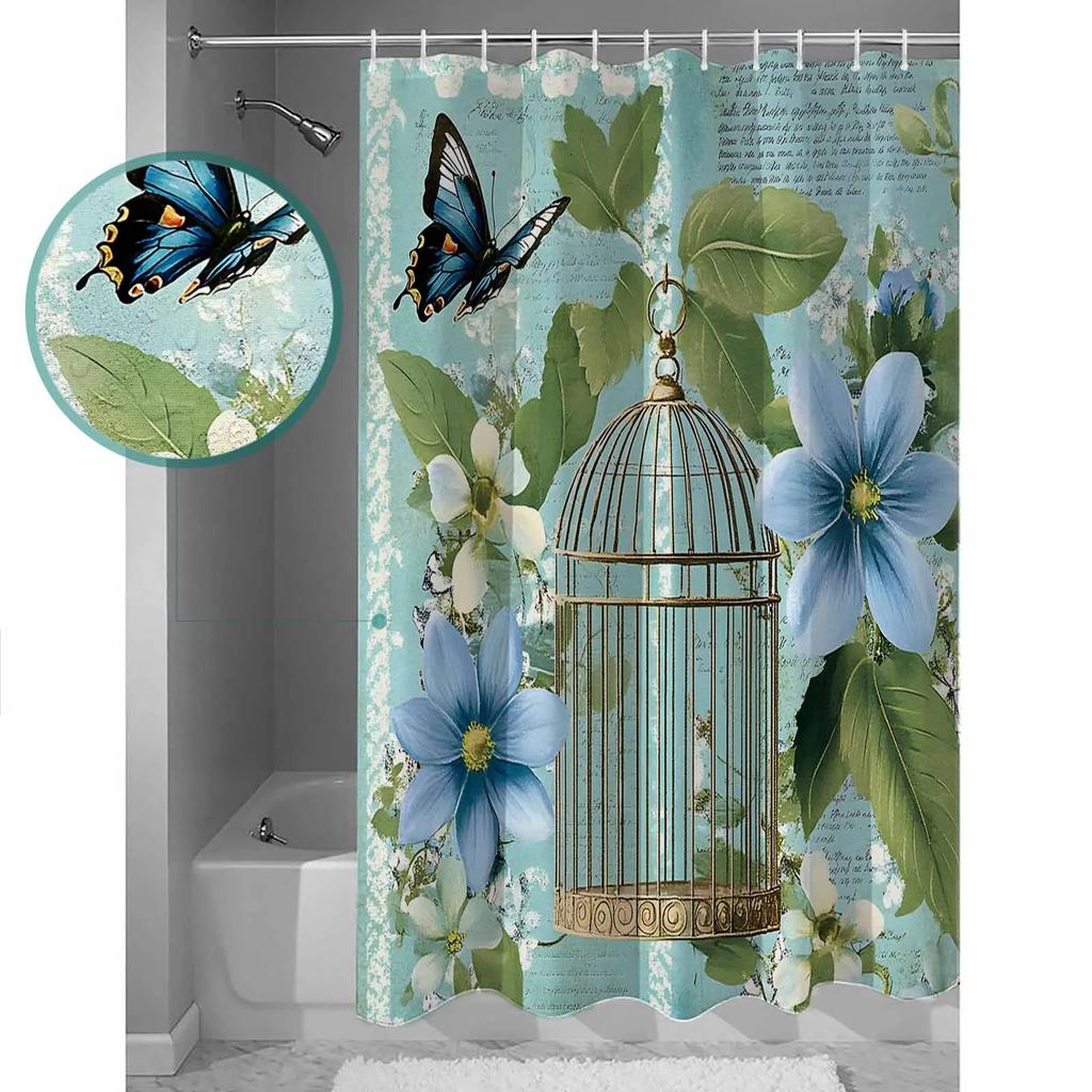Vintage Birdcage Flower Butterfly Shower Curtains Waterproof Bath Curtains Home Decor Modern Luxury Bathroom Curtain