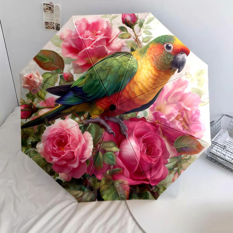 Flower Bird  Pattern, Automatic Folding Umbrella, Portable and Foldable Design, 8 Ribs, a Christmas or Birthday Gift.