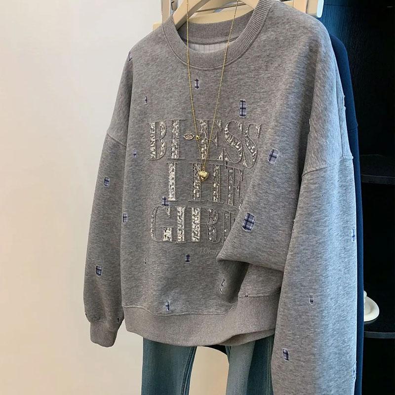 

Женские толстовки пуловер с длинным рукавом и круглым вырезом осенне-зимние теплые оверсайз утолщенные топ XXXXL серый