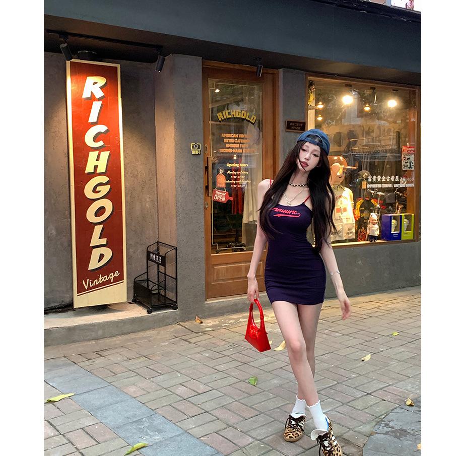 Slim-fit Hip-wrapped Short Skirt American Sexy Season Retro A-word Spice Girl Slim Backless Print Suspender Dress Female Summer