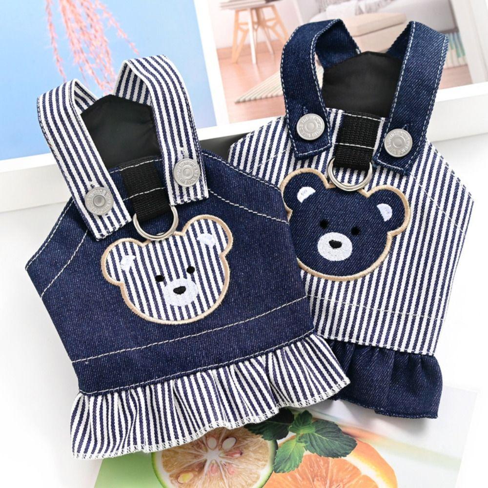 Breathable Pet Strap Denim Skirt Cute Dog Vest Harness Pet Bear Stripe Dress Chihuahua Poodle
