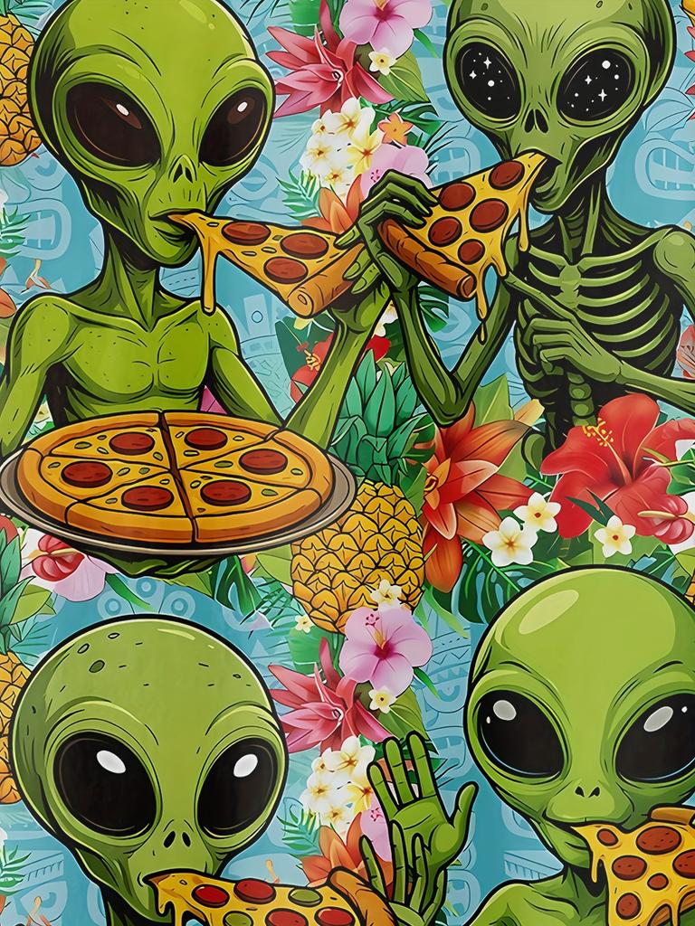 Funny Alien Eating Pizza Pattern Men'S Fashion Casual Shirt Hip Hop Rock Street Hawaiian Shirt