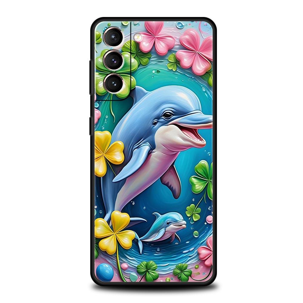 Ocean Animal Cute Dolphin Sea Turtle Phone Case For Samsung Galaxy S26 Ultra S25 Plus S24 FE S23 S22 5G S21 S20 Cover Black Soft