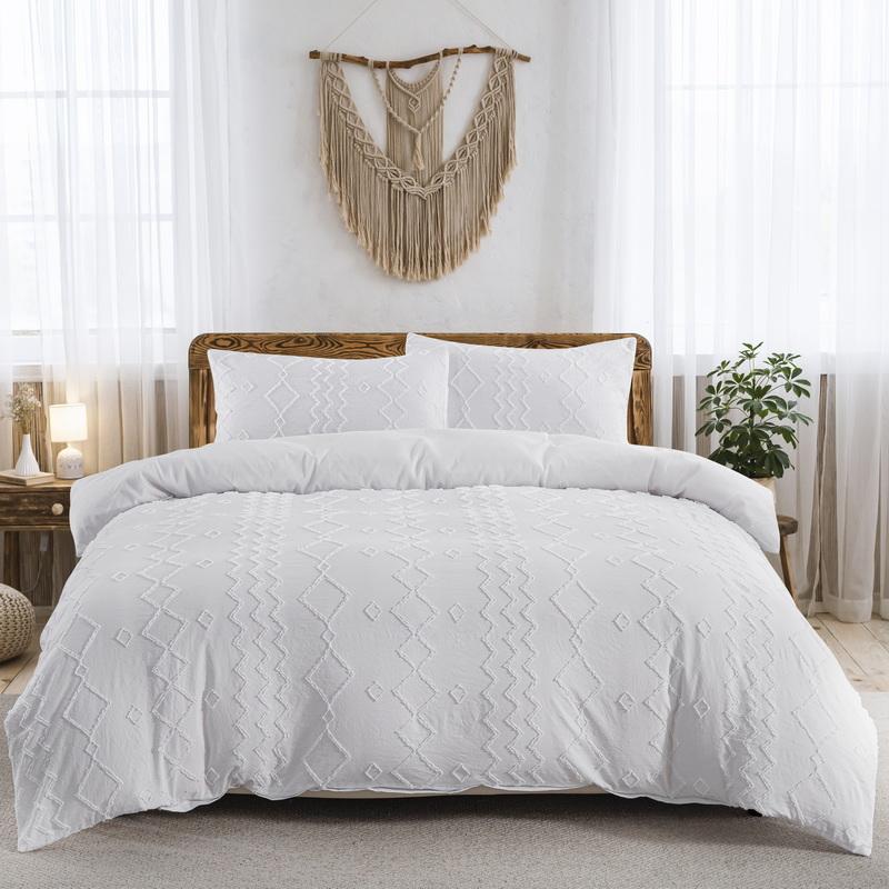 White Duvet Cover Queen Boho Tufted Microfiber Bedding Set for All Seasons, Embroidery Shabby Chic Comforter Covers with Zipper
