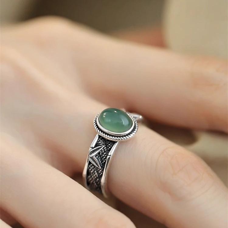 925 Silver Rings for Women Couple Minimalist Handmade Simple Green Stone Ring Fine Jewelry Gift Prevent Allergy