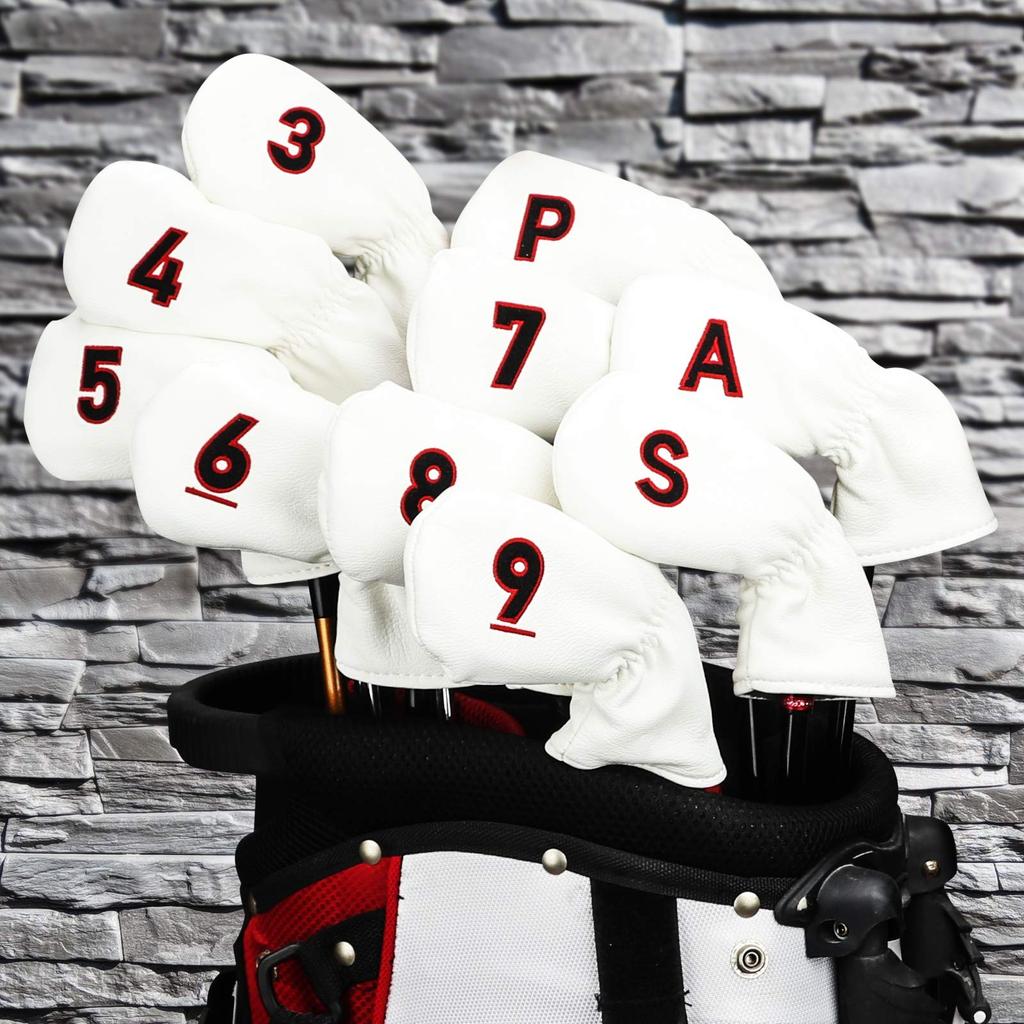 Golf head cover iron club set for men, left and right, 10 pieces (3-9, P, A, S) Red, number embroidery on both sides, white, synthetic leather, PU