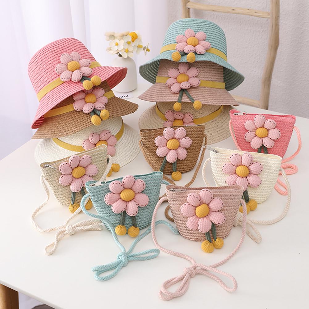 Girls Summer Straw Hat Bag Children Breathable Sunscreen Hat Straw Coin Purse For Outdoor