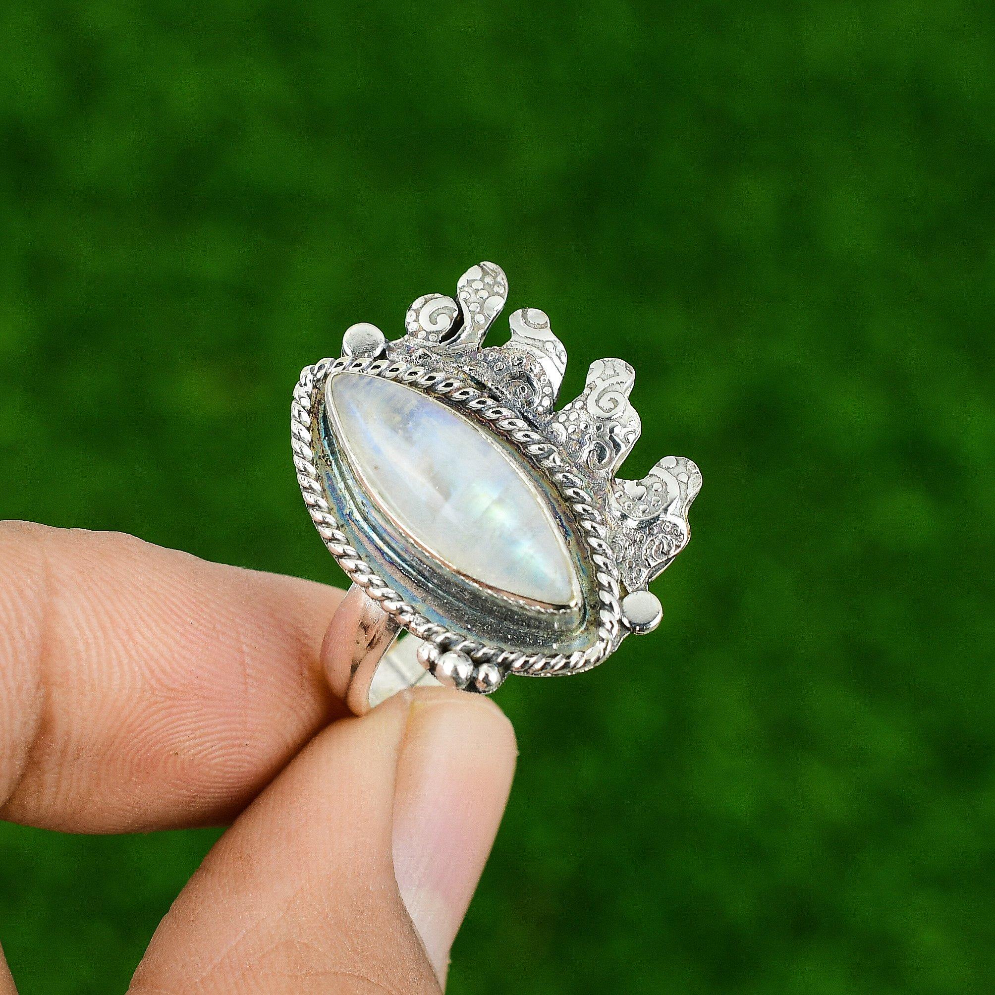 

Gift For Her Natural Rainbow Moonstone Stackable Adjustable Ring 925 Silver Adjustable