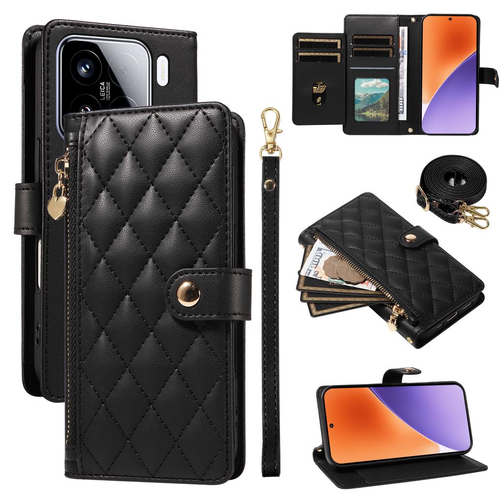 For Xiaomi 15 Wallet Case with Straps,Rhombus Leather Stand Phone Cover