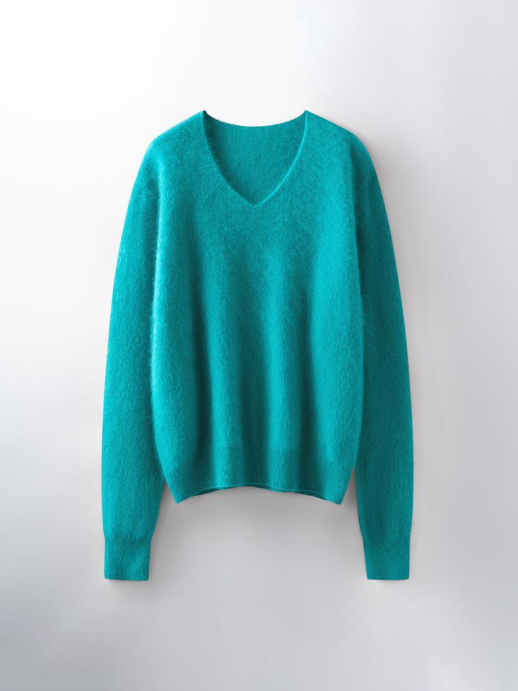Women's Brushed Wool V-Neck Long-Sleeve Sweater: Autumn/Winter Loose Slimming Knitted Pullover Top