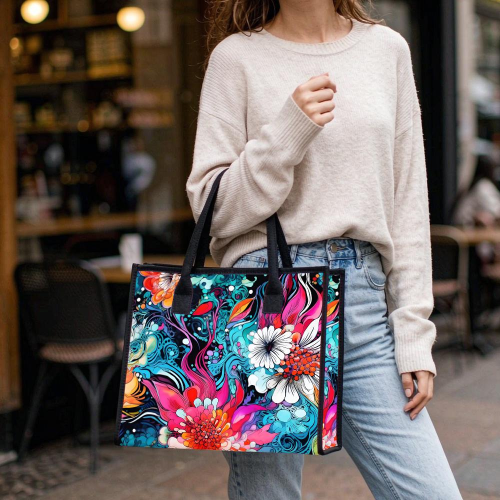 Vibrant Floral Printed Tote Bag Fashion Casual Large Capacity Daily Carry All Purse for Women