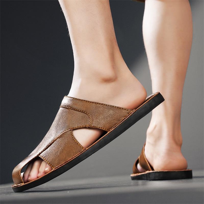 Men Slippers Handmade Simple Flats Brown Leather Sandals Black Summer Roman Sandals Closed Toe Beach Shoes Plus Size