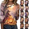 Women's Fashion Casual Halloween Print 3/4 Sleeve T-Shirt with Round Neck