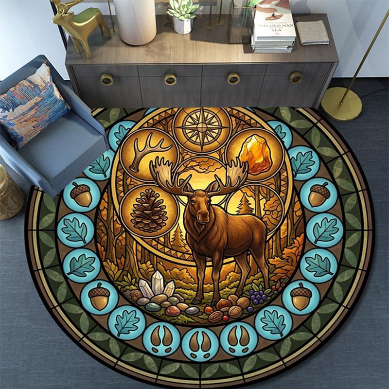 Forest Wildlife Glass Round Area Rug Under Office Chairs Bedroom Living Room Home Decor