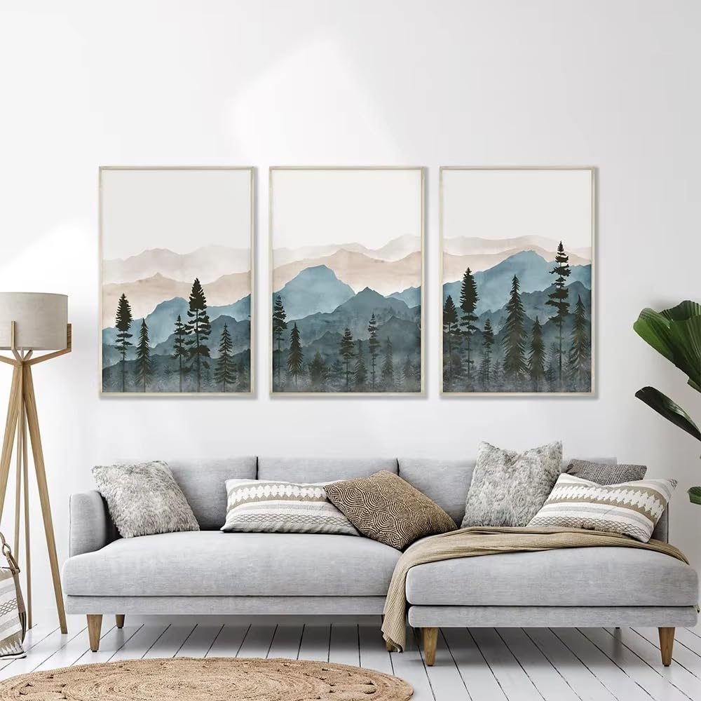 LAKELUUYAA Nordic Modern Abstract Blue Watercolor Canvas Art Posters, Set of 3 - Framed Landscape Art Panels for Living RoomBedroom, Stylish Interior
