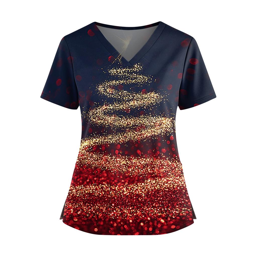 Damen Weihnachtliches V-Ausschnitt Kurzarm Kasack mit Doppeltaschen und Seitenschlitzen Pflegekraft Uniform