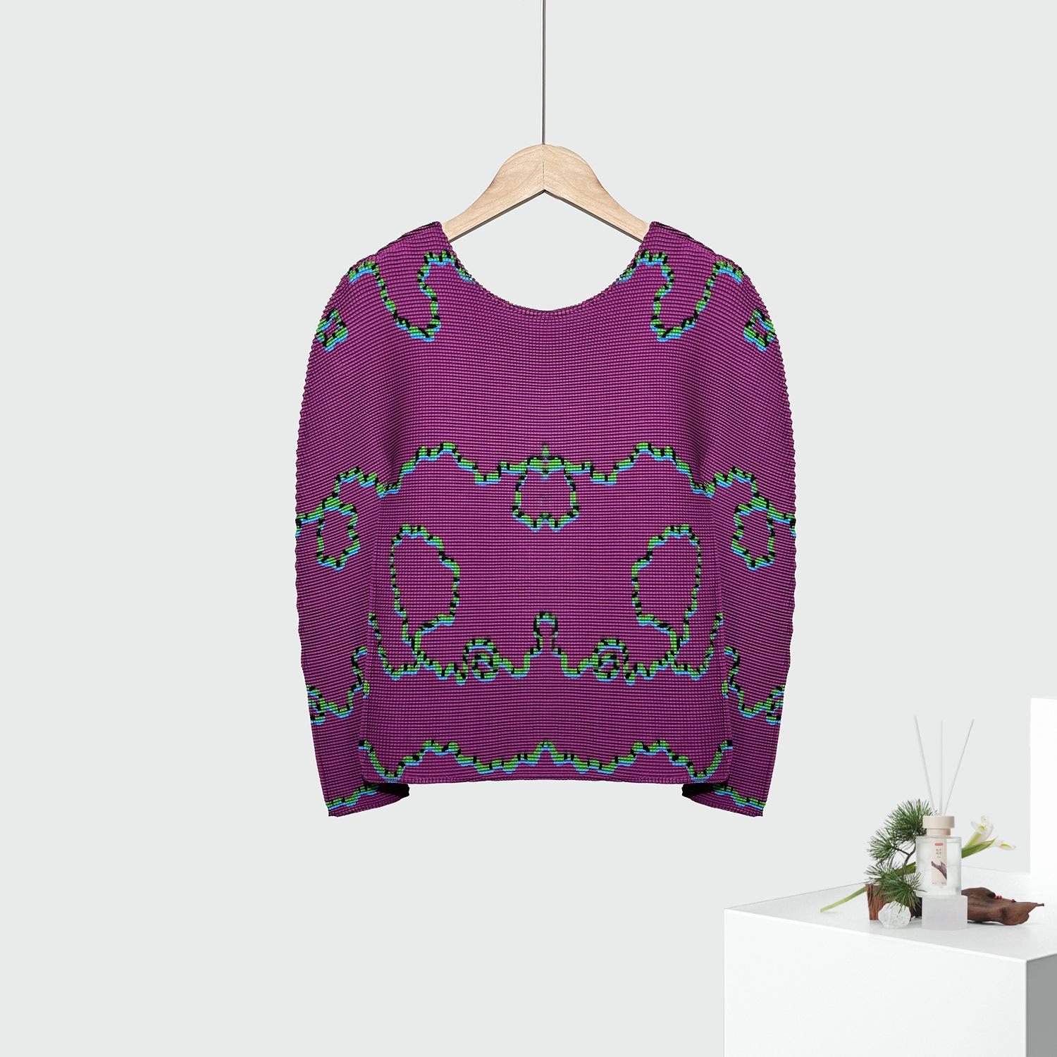 

Miyake Women s Autumn Slim Fit Printed Long-Sleeve T-Shirt, Versatile Round Neck Base Layer One Size фиолетовый