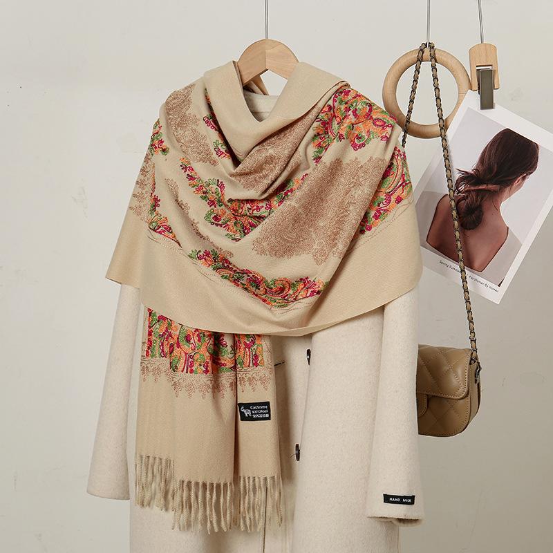 Chic Design Embroidery Scarf Lady Fall Winter Imitation Cashmere Female Wraps Thickened Warm Fringed Woman Shawl Fashion Muffler
