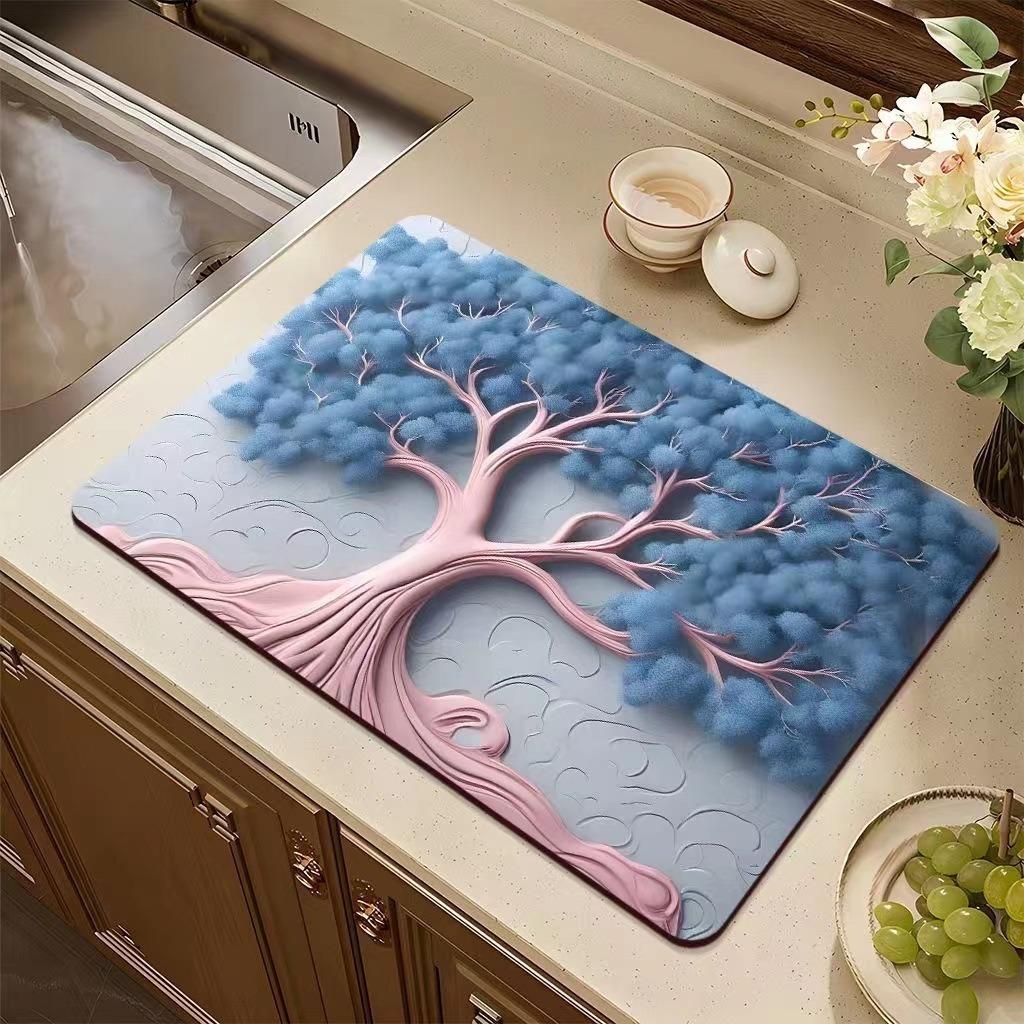 Flower Printed Drain Pad Rectangular Coffee Machine Drying Mat Absorbent Drain Dish Pads Tableware Sink Rugs Placemat