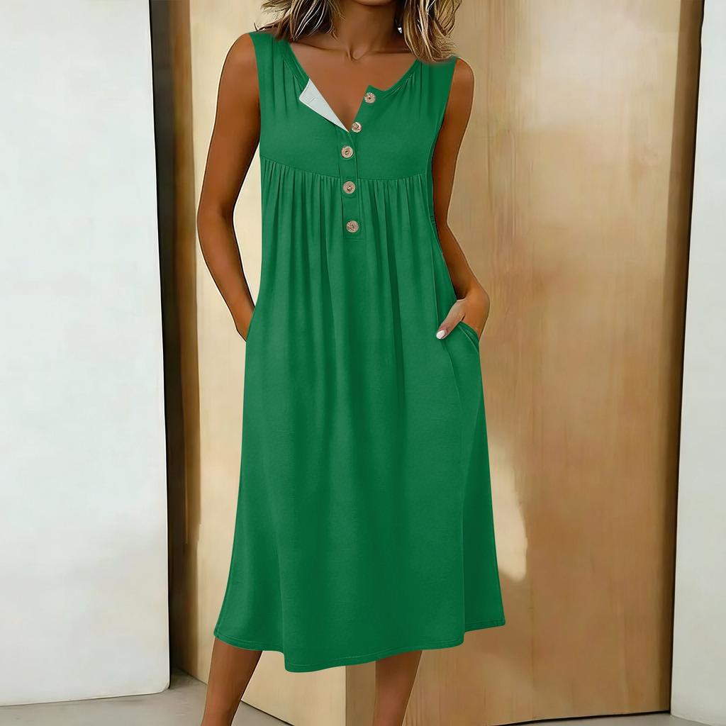 Women's Casual Sleeveless Button-down Mid-length Dress